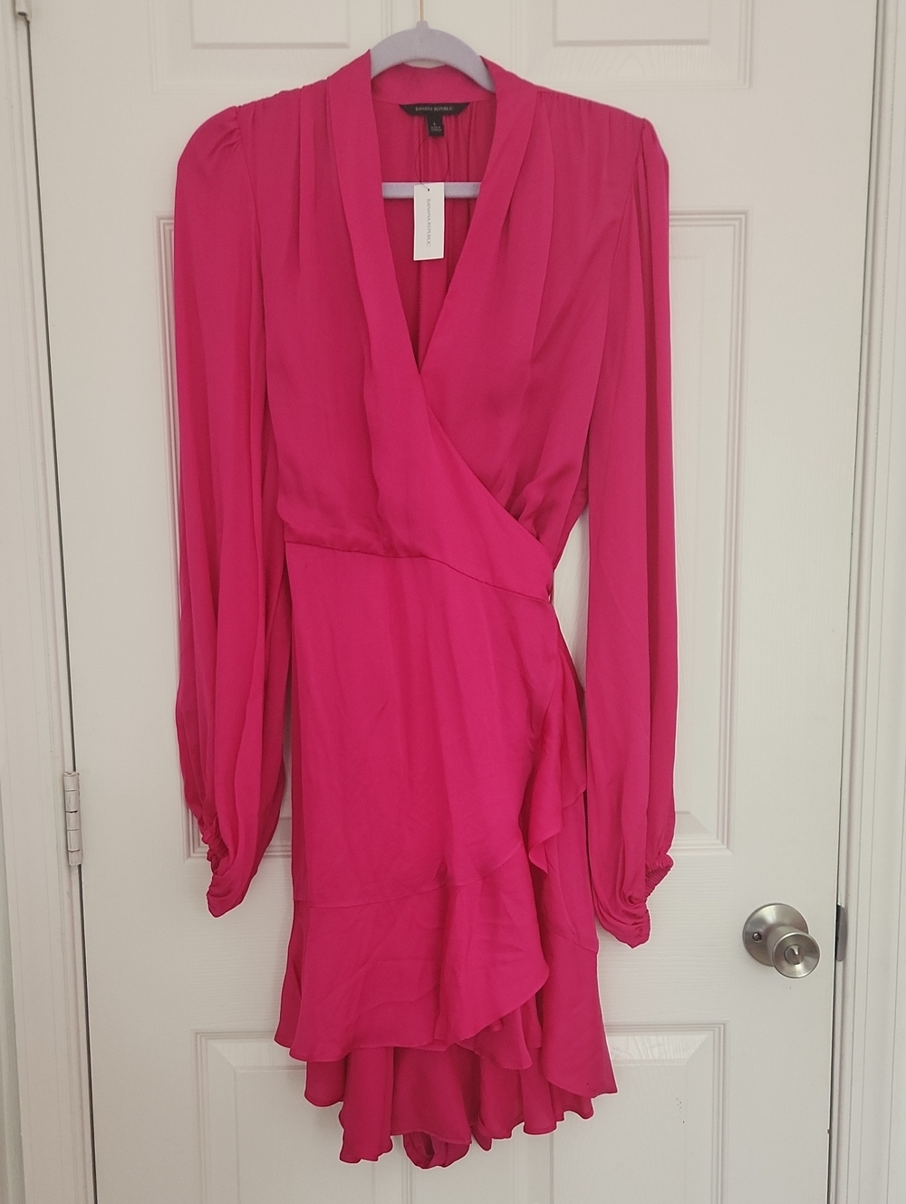 Banana Republic Hot Pink Long-Sleeve Wrap Dress - Bell Sleeves Ruffle Skirt